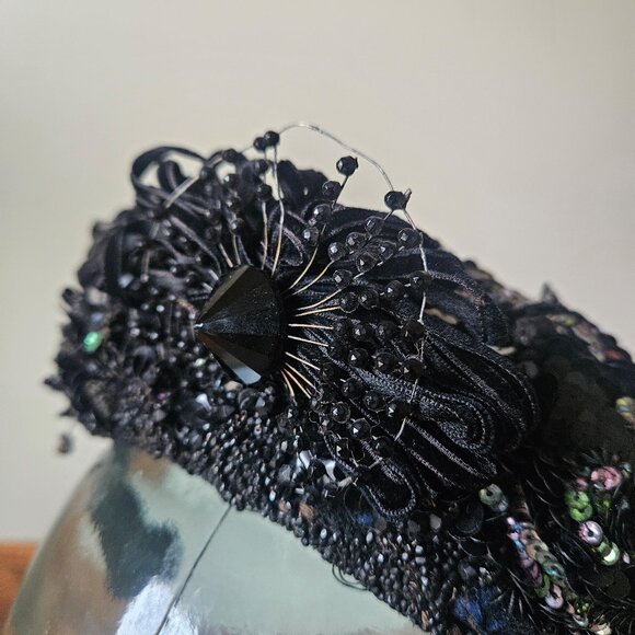 Victorian Antique 1870s 1880s Black Bonnet Jet‎ Beaded Sequins Mourning Hat main image 8